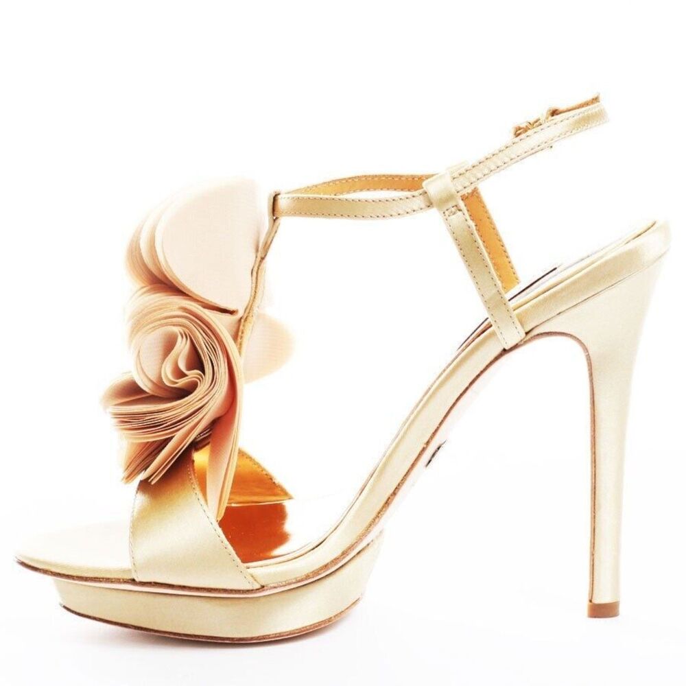 Badgley Mischka Heels Womens Randee Ruffle Flower Ankle Strap in Gold Satin - Picture 3 of 6